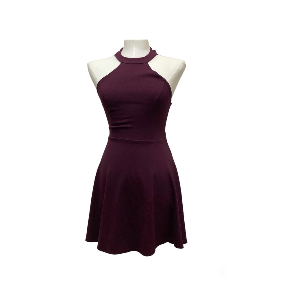 Lulus Plum Halter Mini Dress XS Open Back Fit Flare Wedding Guest Party